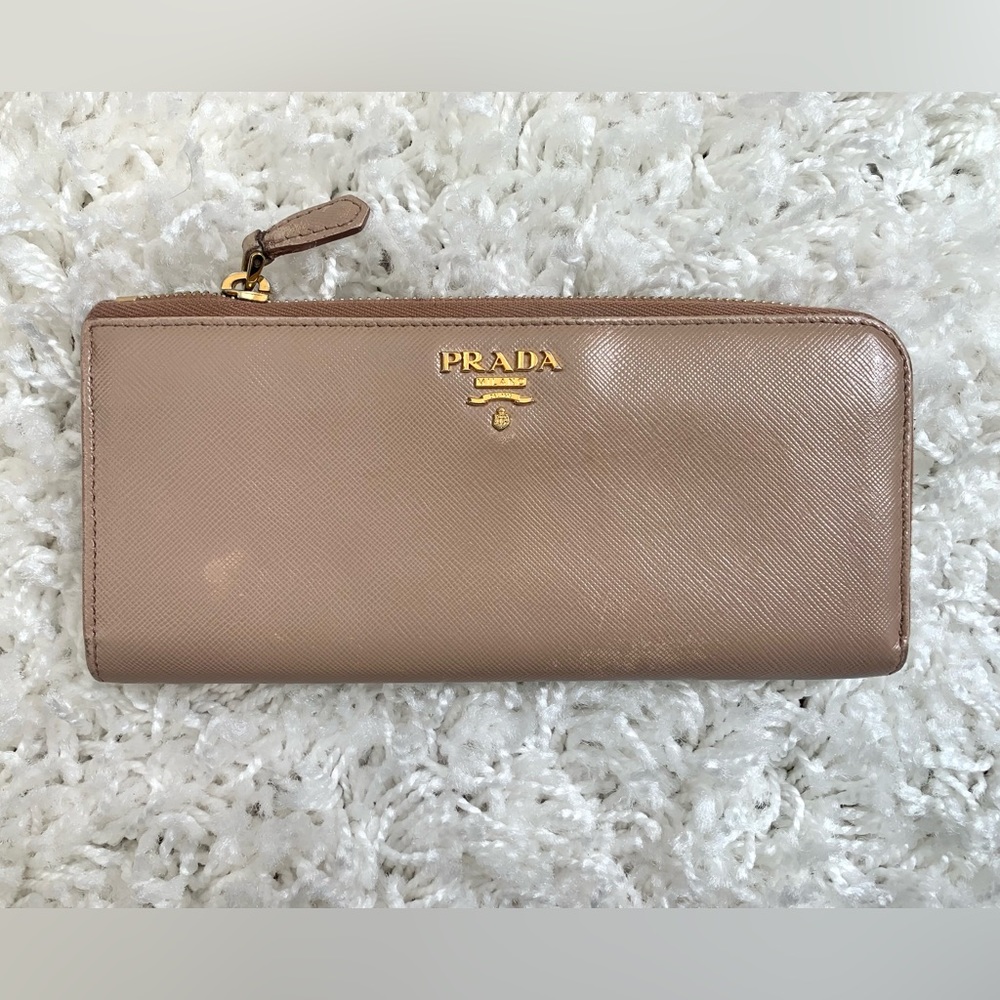 Prada Tan Saffiano Leather Half Zippy Wallet